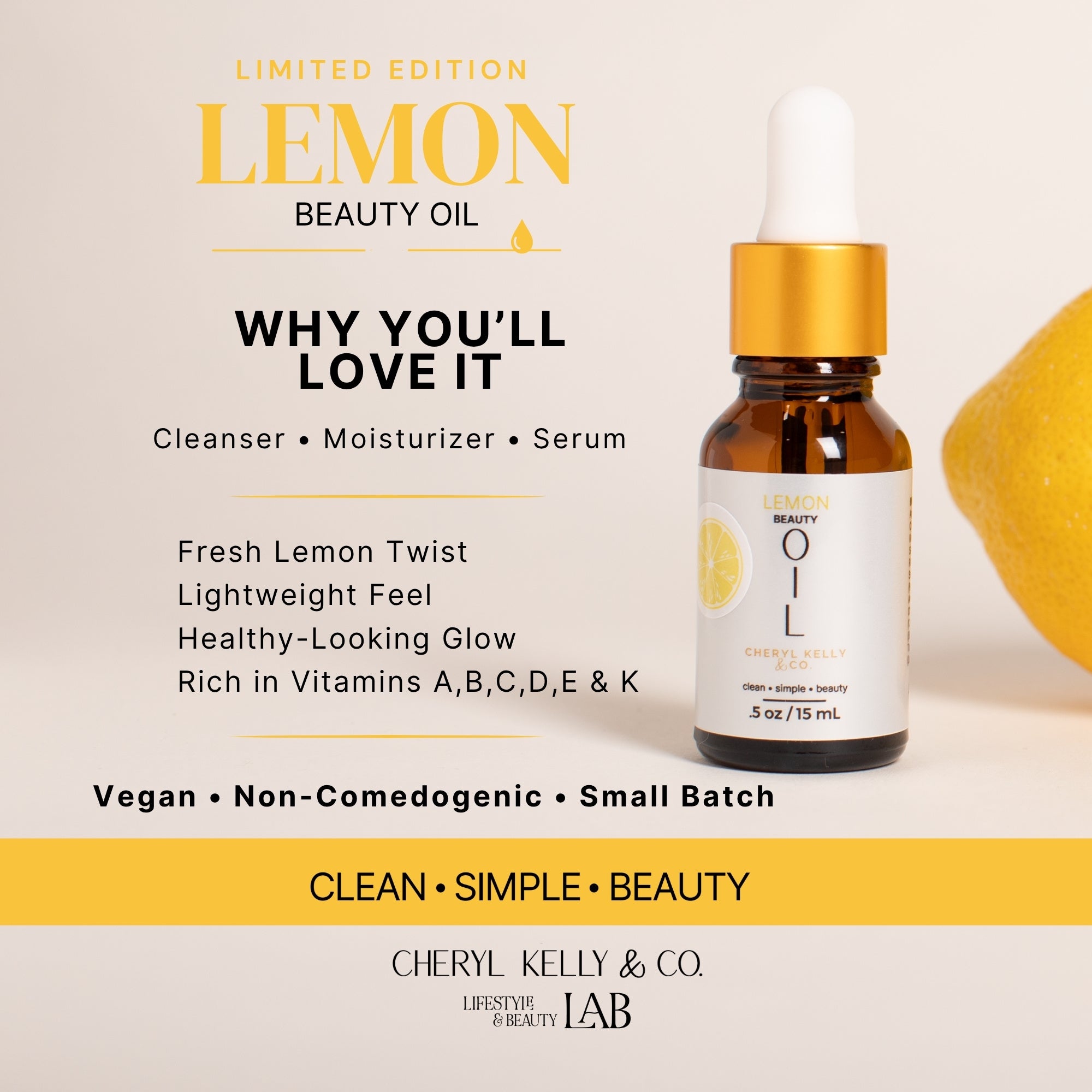 Benefits of Lemon Beauty Oil including cleansing, moisturizing and nourishing.
