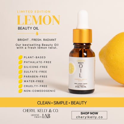 Lemon Beauty Oil Summer Edition showing clean beauty benefits including plant-based ingredients, phthalate-free, silicone-free, sulfate-free, cruelty-free, and non-comedogenic.